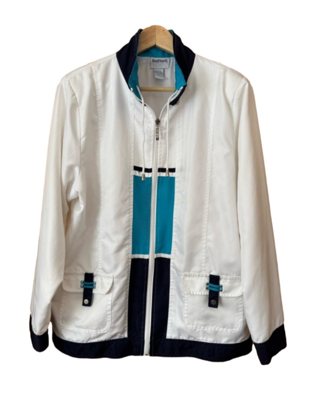 Vintage BonWorth White Navy Teal Zip Front Jacket Women's Medium